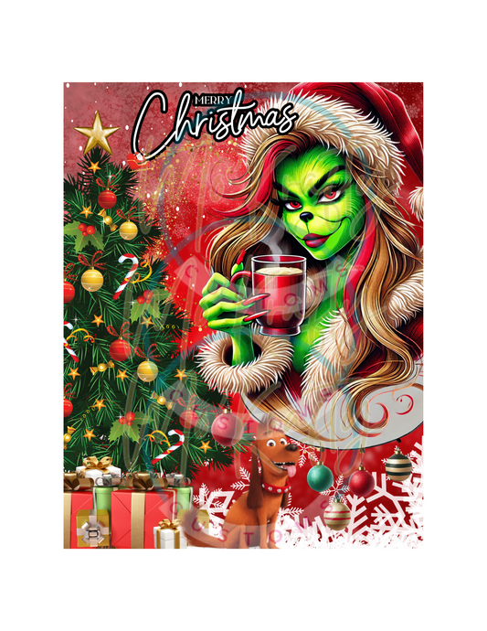 lady grinch sipping tea